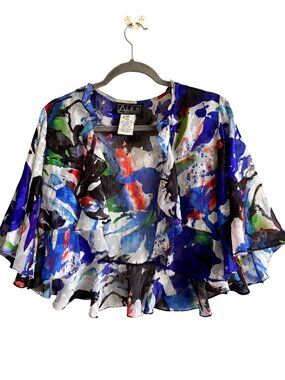 Alex Evenings Multicolor Abstract Print Sheer Open Front Ruffle Jacket Womens M